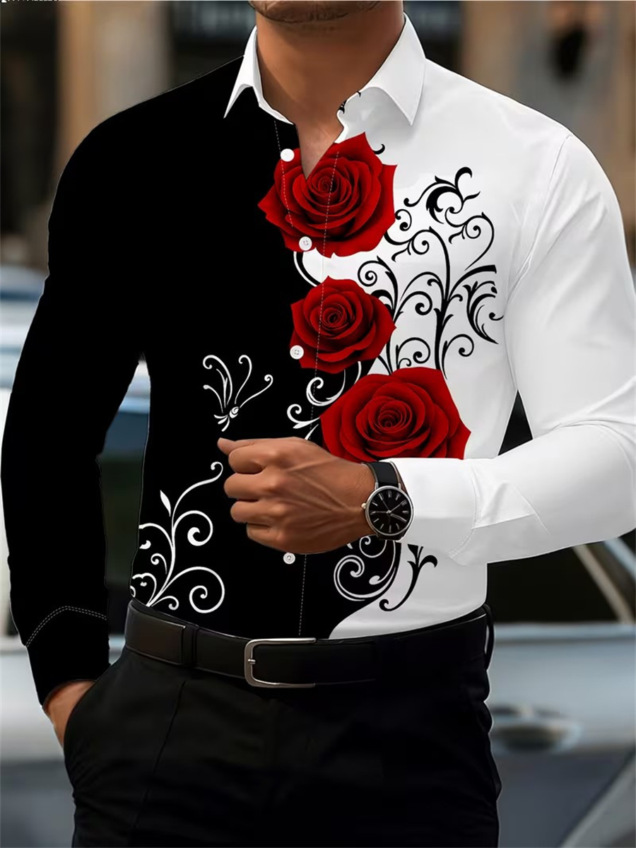 Men's Red Rose Print Long-Slee - đánh giá và giá Mens Fashion Clothes